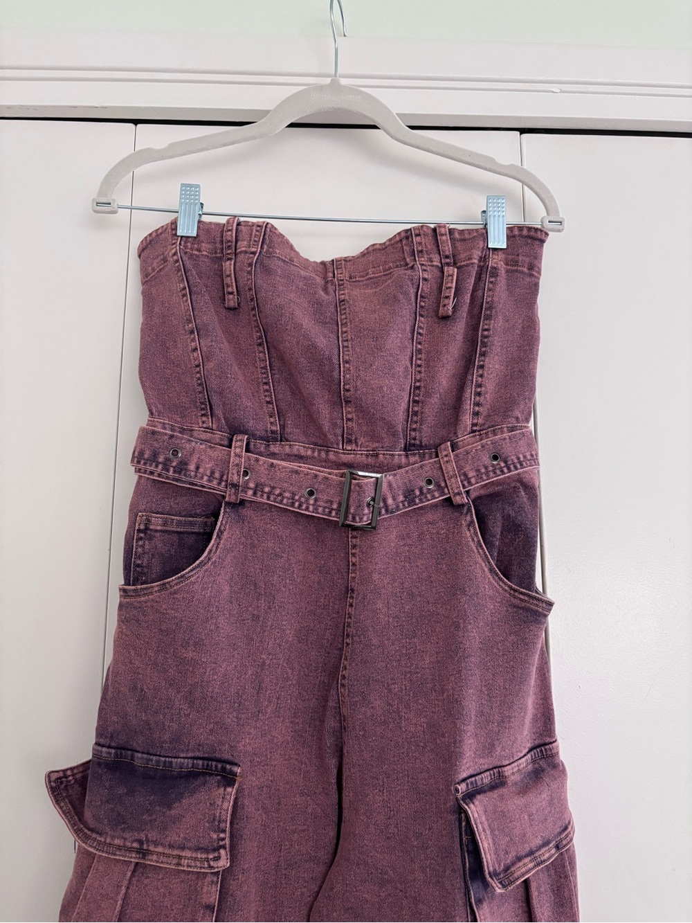 NWT $130 Akira Acid Washed Denim Jumpsuit Pink buckles streetwear cargo baggy - Picture 5 of 13